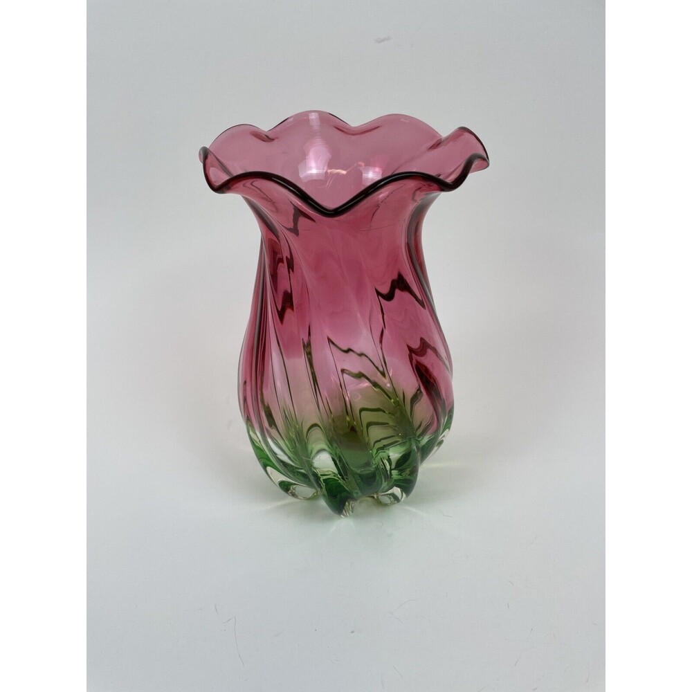 Watermelon Glass Vase Twisted Ruffled Edge Hand Blown 8” Tall - Picture 7 of 10